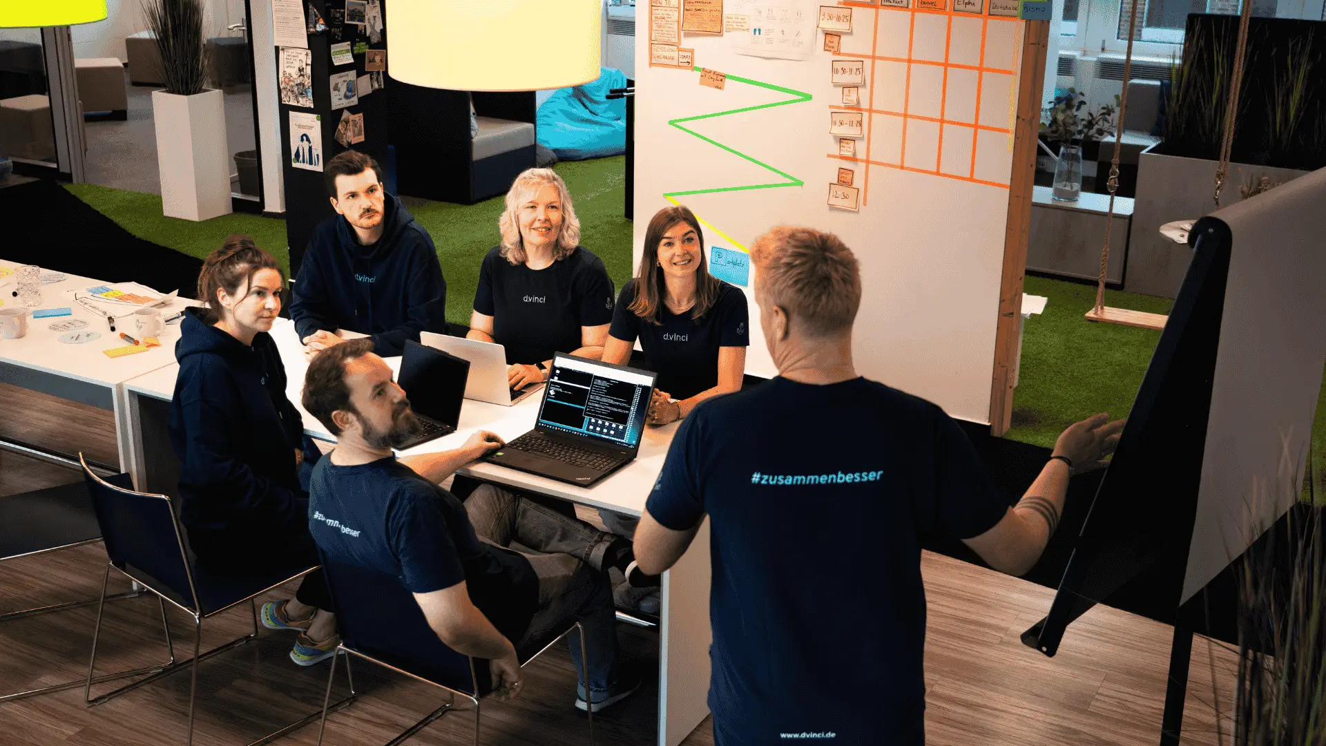 Mehrere Teammitglieder von d.vinci sitzen gemeinsam an einem Tisch mit Laptops und Notizen, während eine Person am Whiteboard steht und präsentiert. 